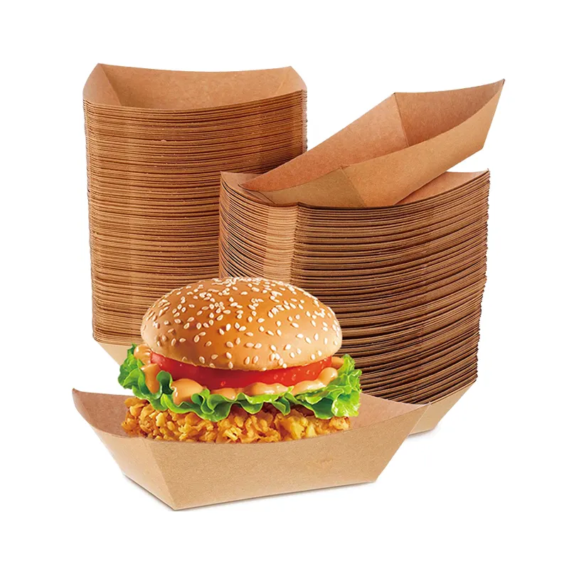 100% Disposable Eco Friendly Kraft Brown Paper Fast Food Container Box Packing Boat Shape Tray