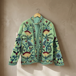 Veste fine pour femme, faite à la main, en coton respirant avec doublure en soie, style robe, pour l'automne/hiver, avec coque en PU et tissu en toile à motifs floraux - Product Image 3