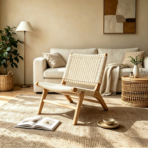 Tenghang Solid Wood Rope Woven Lounge Chair Single <strong>Rattan</strong> <strong>Sofa</strong> with Backrest for Living Room Bedroom Balcony Home Furniture - Product Image 1