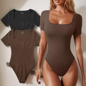 Combinaison côtelée d'été pour femme, col carré, manches courtes, extensible, décontractée, style yoga, coupe ajustée - Product Image 1