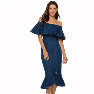 Summer Hot Sale Casual Dresses Women Denim Off Shoulder Ruffle Sleeve Sexy Elegant Dress for Ladies