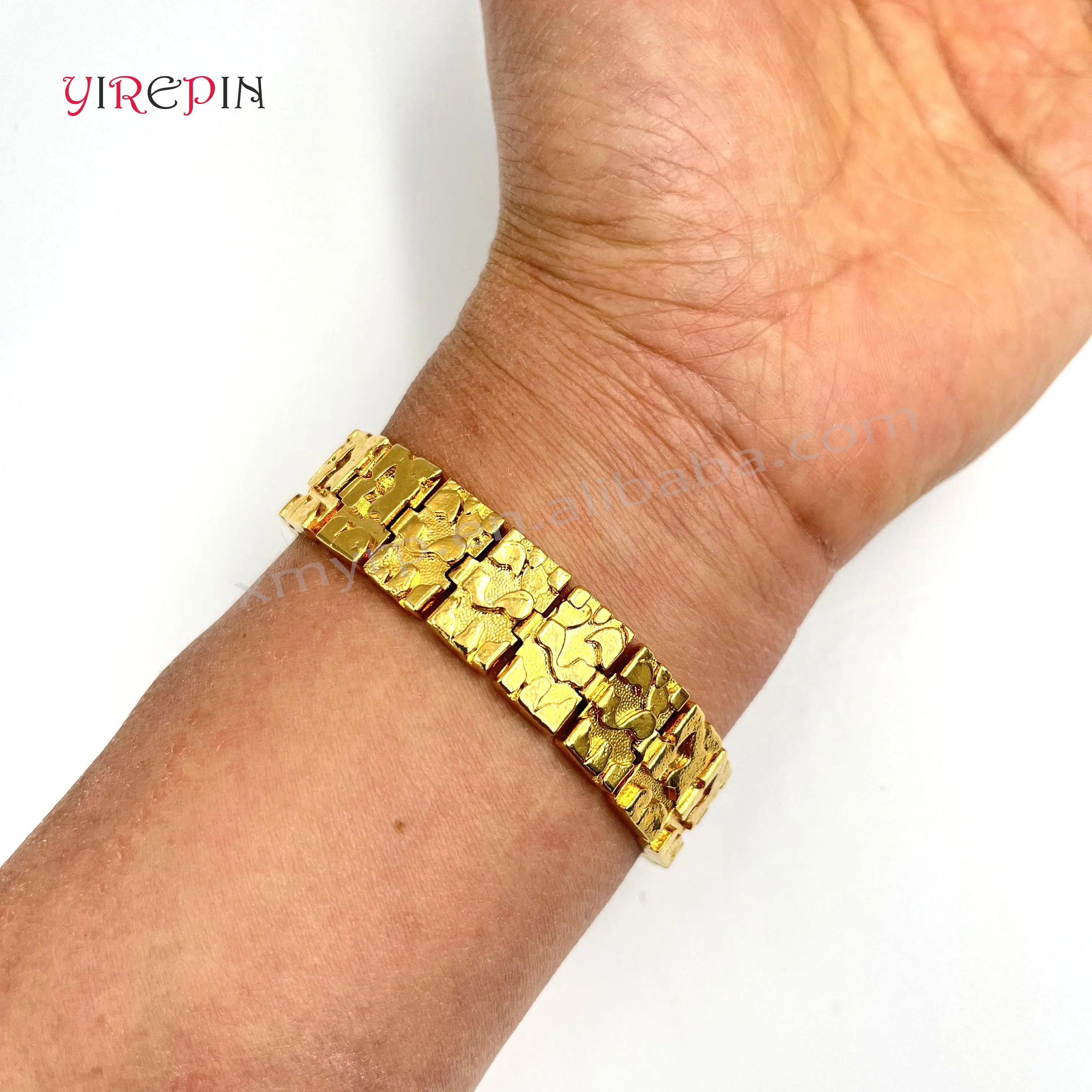 High Quality 14K 18K 24K Solid Gold Plated Hip hop Wide Personalized Watch Band Nugget Bracelet For Men