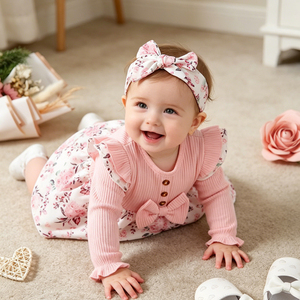 Vestitini per Neonati in Cotone Biologico di Alta Qualità OEM, 3-6 Mesi, Tutina Floreale a Costine per Bambine - Product Image 2