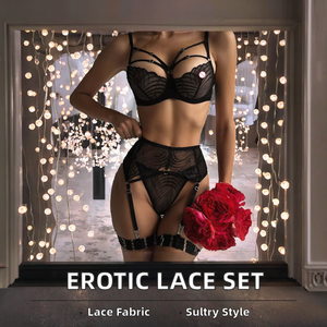 Ensemble de lingerie fantaisie 4 pièces avec jarretière délicate, tenue transparente en dentelle érotique, soutien-gorge push-up non censuré, broderie 3D, maintien ferme - Product Image 2