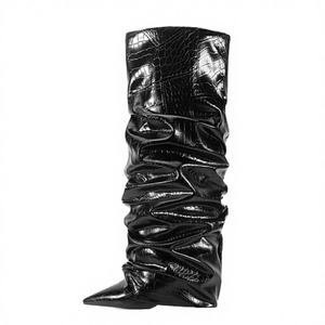 Botas altas de tacón grueso con punta afilada y diseño de piedras, estilo europeo-americano 2026, de pierna ancha, con parte superior de PU, sin cordones y con diseño en capas. - Product Image 2