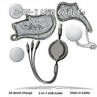 Câble de charge USB rétractable universel 3-en-1, blindage tressé, silicone, alliage d'aluminium, charge rapide 2A, iOS 12W, ordinateur, voiture