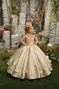 Vestido de niña de las flores dorado con mangas de ilusión, botones de lazo y falda esponjosa para cumpleaños, bodas, fiestas, damas de honor infantiles - Product Image 5