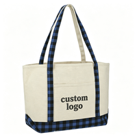 Bolsa de Mano de Lona con Logotipo Personalizado, Asa de Tela a Cuadros, Bolsa de Compras Reutilizable con Bolsillo Delantero para Guardar Comestibles, Viajes y Almacenamiento