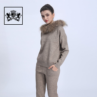 Rugod-ensemble pull à capuche tricoté pour femmes, 2022, ensemble automne-hiver, fourrure de raton laveur, tricoté