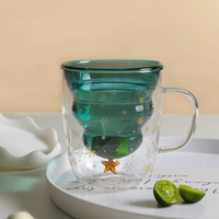 Mug en verre borosilicate à double paroi, motif sapin de Noël, couvercle flocon de neige, 280 ml, résistant à la chaleur, isolé, sans BPA, passe au lave-vaisselle, réutilisable
