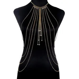 crystal Multi Layers Long Tassel Chain Halter Body Chain Punk Style Jewelry
