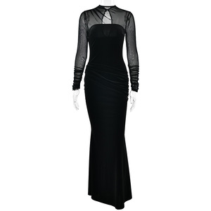 Vestido de Noche Formal para Mujer, Sin Tirantes, Manga Larga, de Terciopelo, Corte Sirena, Ajustado al Cuerpo, con Malla Transparente - Product Image 5