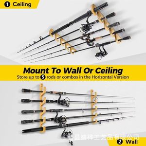 Wooden Fishing <b>Rod</b> <b>Holder</b> Wall Mounted Multi Layer Storage Rack For <b>Rods</b> And Nets - Product Image 2
