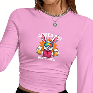 Camiseta de Manga Larga con Estampado de Conejo Estilo Y2K para Mujer, Manga Larga, Cuello Redondo, Tejido de Poliéster y Elastano - Product Image 1