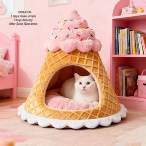 Ice Cream Pet Bed & <b>Tent</b> Cute Cartoon Design Short Plush Soft Filling Anti-Slip Eco-Friendly for Living Room Indoor Use Luxury - Product Image 1