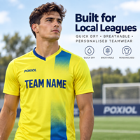 Maillot de football personnalisé à col en V, dégradé jaune-bleu, à pixels, entièrement sublimé, séchage rapide, pour équipes de ligues locales, vente en gros