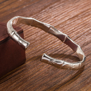 Bamboo-Themed Open-Face <b>Bracelet</b> <b>Silver</b>-Plated Women's Fashion <b>Bangle</b> Plant Pattern Ethnic Style Jewelry - Product Image 2