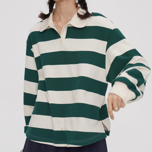 Polo à manches longues rayé pour femme, tricoté, 100% coton, motif vert et blanc, à porter en hiver, en été et au printemps - Product Image 2