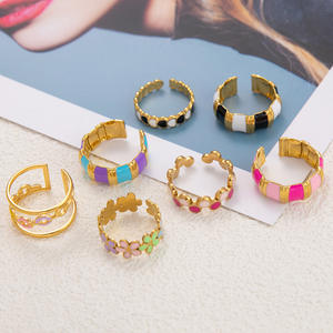 Fashion <b>Rings</b> Women's Stainless Steel 18K Gold Plated Open <b>Ring</b> Colorful Flower Pattern Party Jewelry - Product Image 1