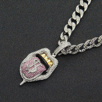Collier chaîne cubaine créatif plaqué or, avec pendentif en forme de langue, de lèvre et de signe dollar, orné de strass, style Hip Hop, pour femme, idéal pour fêtes et mariages