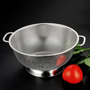 Self-Draining Stainless Steel Kitchen Strainer Perforated Rice Colander With Double Handle