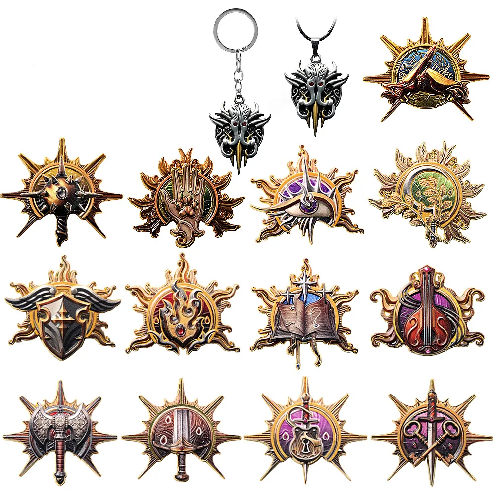 15 Styles Pins Metal Key Chains Crafts Women Men Baldurs Door Alloy Keychain Azuth Milil Brooch Jewelry Anime Necklaces