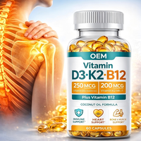 Capsules de Vitamine D3 K2 B12 en Gélules Molles à Marque Blanche 250mcg 200mcg MK7 pour l'Énergie, 60 Capsules pour Femmes, Complément Alimentaire