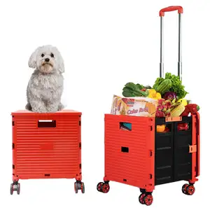 BAOYU Mini Folding Trolley Luggage Cart Seat 4-wheel Universal Plastic Folding Shopping Cart Trolley Convenient Shopping Cart