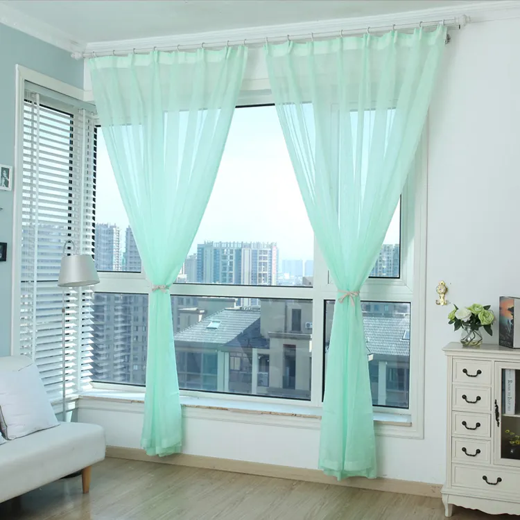 Wholesale Thin Translucent Polyester Gauze Light Transmission Fabric Candy Color Tulle Curtains Drapes Light Green Sheer Curtain