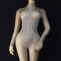 Barboteuse de luxe à perles pour femmes, sexy, moulante, Clubwear, dames, manches longues, mode Slim, combinaison de spectacle pour fête