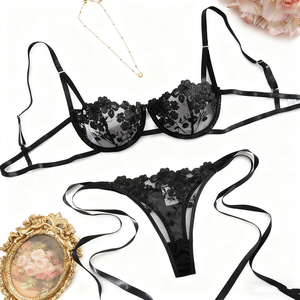 En Gros Ensemble Lingerie Jeune Femme Élégant Pigeonnant Brodé Transparent Soutien-Gorge Haut Sexy Bandage Érotique Soutien-Gorge Culotte - Product Image 1