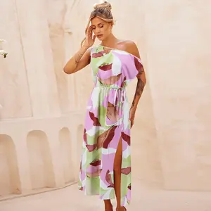 Diseño personalizado ropa de mujer ropa sin mangas de color brillante floreciente estampado floral hendidura vestidos con cordón
