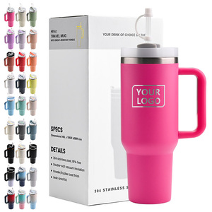Vaso Térmico de Viaje de Acero Inoxidable con Aislamiento de Doble Pared de 12-24 Horas, con Logotipo Personalizado, Tapa y Pajita, Color Rosa, Capacidad de 40 oz y Asa - Product Image 1