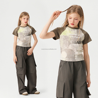 T-shirt imprimé « Happy Weekend » pour filles, haut à manches raglan personnalisable avec motif camouflage, vêtement décontracté