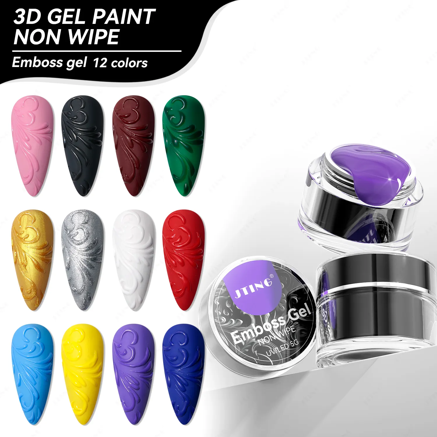 Jting Niet Veeg 3d Verf Gel 12 Kleuren Set Unieke Nail Art Effect Emboss Gel Nagellak Schilderij Oem Gratis Ontwerp Voor Potten