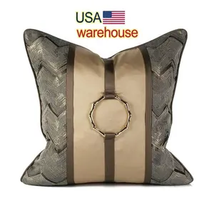 棕色拼接坐垫盖环设计抛枕盖方形枕套，用于沙发椅床18x18英寸20x20英寸