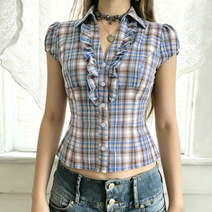 Blusa de Verano Vintage Casual Estilo Preppy a Cuadros con Bloques de Color, Volantes, Botones, Manga Corta, Cintura Ajustable, Ecológica y Transpirable - Product Image 1