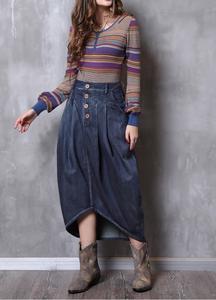 Style Vintage Bouton Up Ballon Falfalda Asymétrique Ourlet Puffy Midi Jupes Femmes Denim Bleu Jupe - Product Image 4