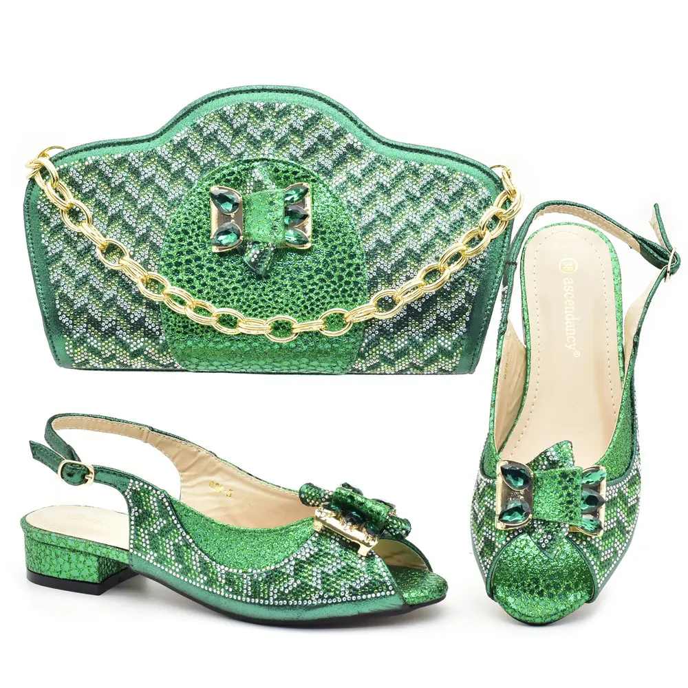 Designer Frauen African Nigeria Party Italienische Damen Green Set Schuhe und Tasche Markenname