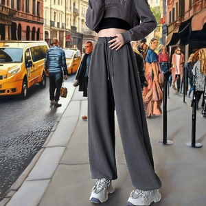 Pantalones de Algodón Gris para Mujer, Primavera-Verano, Cintura Alta Elástica, Corte de Bota, Antiarrugas, Antibolitas, Estilo Casual Holgado y Moderno - Product Image 2