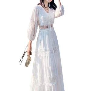 Quality <strong>Fairy</strong> <strong>White</strong> Spring Summer New Fashion Hollow Design Long Bohemian Solid Color Slim Organic Cotton V-neck Crochet <strong>Dress</strong> - Product Image 5