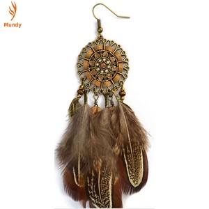 Boucles d'oreilles pendantes bohèmes en plumes naturelles, accessoires d'oreille rétro en filigrane bronze pour tenues de style <span class=keywords><strong>hippie</strong></span>, idéales pour les fêtes - Product Image 5
