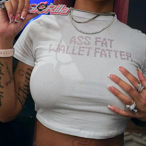 Camiseta Blanca de Verano A1447 con Letras y Diamantes de Imitación, Sexy y Linda, de Manga Corta, Ajustada, Tejida, Estilo Crop Top, Casual, para Usar en la Calle - Product Image 6