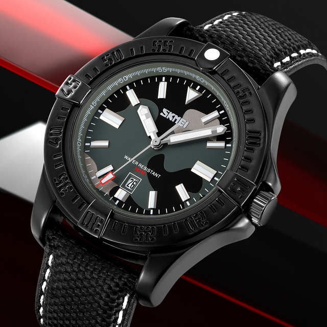 SKMEI 9339 Men's Camouflage Quartz Watch Waterproof Genuine Leather Strap Military-Style Custom Logo Fashion Wristwatch for Men