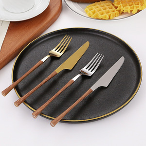 430 Stainless Steel Faux Wood Handle Knife Fork Spoon <b>Set</b> Western Cuisine Cutlery For Steak And Dessert - Product Image 3