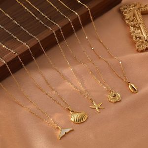 สร้อยคอ XL454 ชุบทอง 18K ทำจากสแตนเลสสตีล ลายมหาสมุทร ประดับเปลือกหอย ปลาดาว และหางนางเงือก สำหรับผู้หญิง - Product Image 1