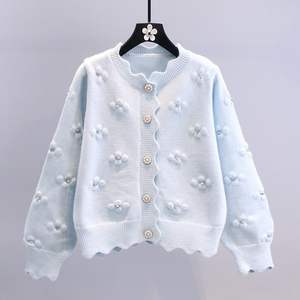 Women's Floral Embellished Scallop Edge <strong>Cardigan</strong> - Long Sleeve Button Down Knit Sweater Sehe Fashion - Product Image 4