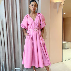 Pullover a Line scollo a V semplice abito di un pezzo da donna francese manica a sbuffo rosa <span class=keywords><strong>Midi</strong></span> lungo da donna eleganti abiti Casual - Product Image 1