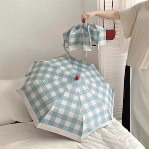Cute Retro <b>Gingham</b> Umbrella, Compact 8 Ribs Windproof Sun Rain with <b>Red</b> Button, Portable Travel Gear - Product Image 1