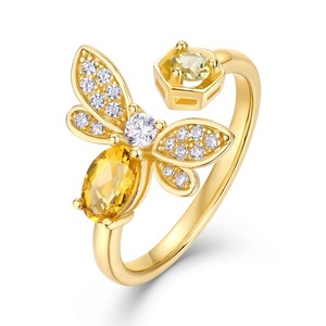 Anillo de Abeja de Citrino Natural Chapado en Oro de 14K, Plata de Ley 925 con Pavé de Panal, Anillo Abierto Ajustable al por Mayor para Mujer - Product Image 1